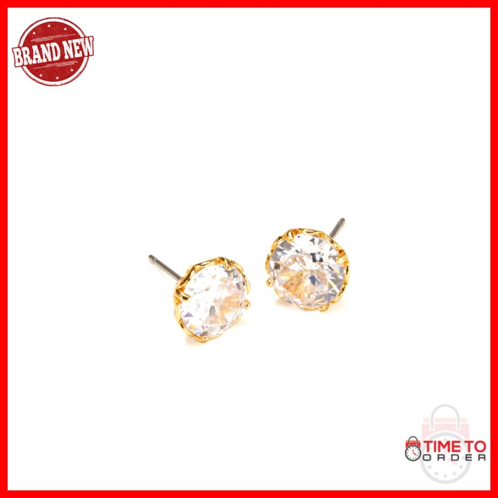 Gold Plated Brass Stud Earrings With Cubic Zirconia, 0.5 Inch